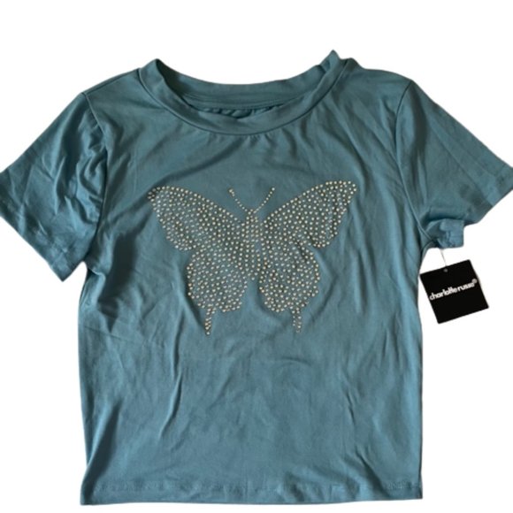 Charlotte Russe Crop Top. Blue Stretch Knit with Sequin Butterfly. NWT - Picture 3 of 3